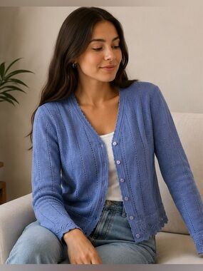 Vintage Northern Reflections Blue Pointelle Knit Cardigan Women’s Medium Cottage
